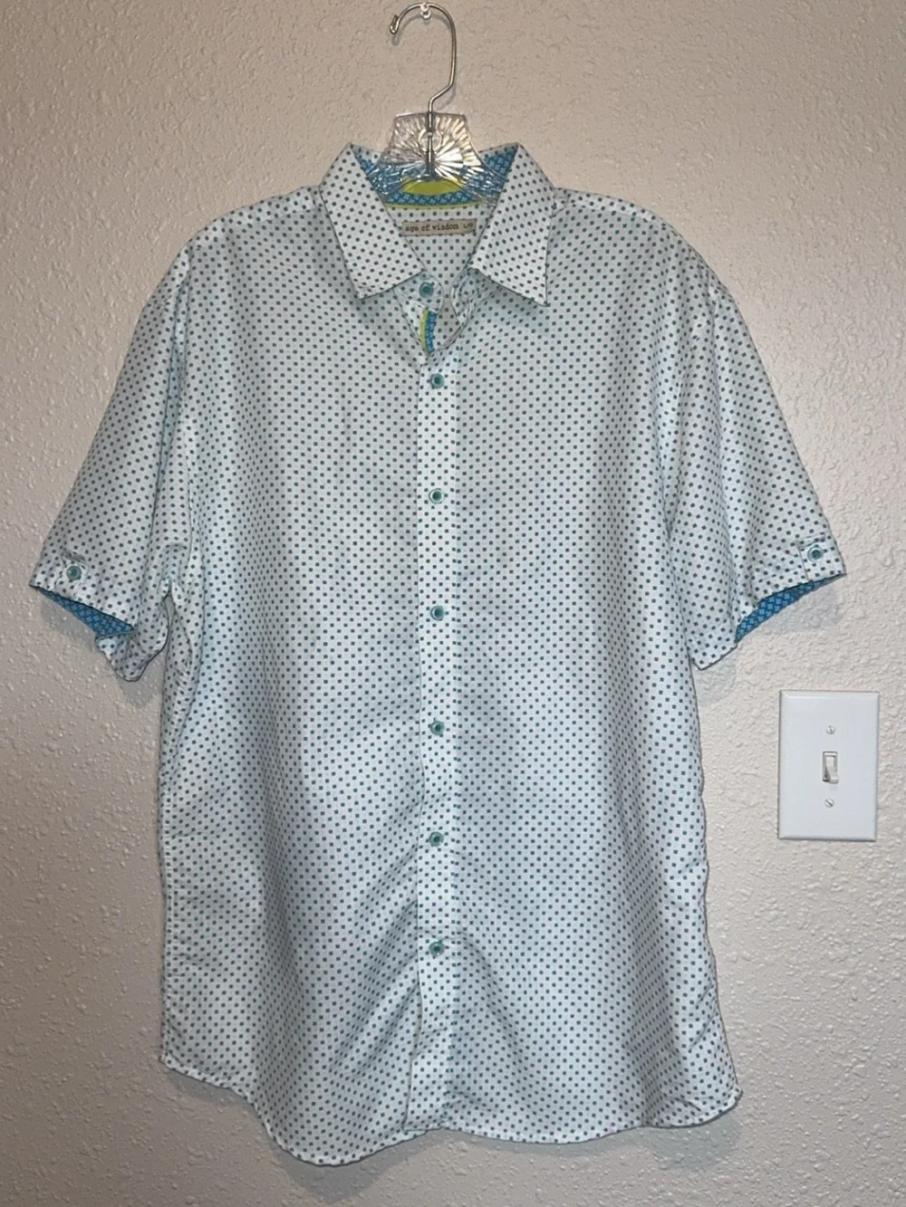 Breathable White Short-Sleeve Button-Down with Navy Micro Dot